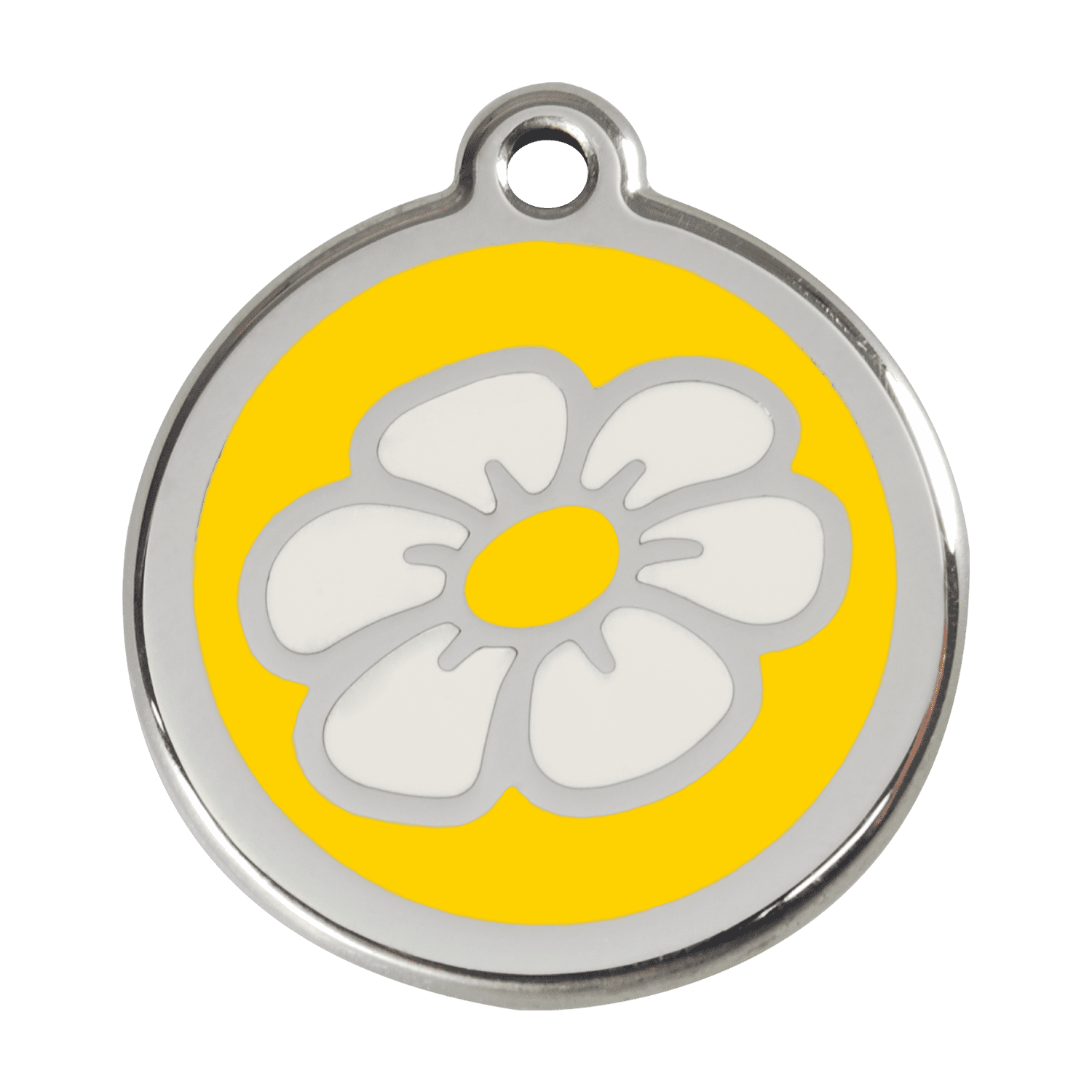 Vue avant - Médaille personnalisable Marguerite jaune en émail et acier inoxydable Red Dingo - Size L