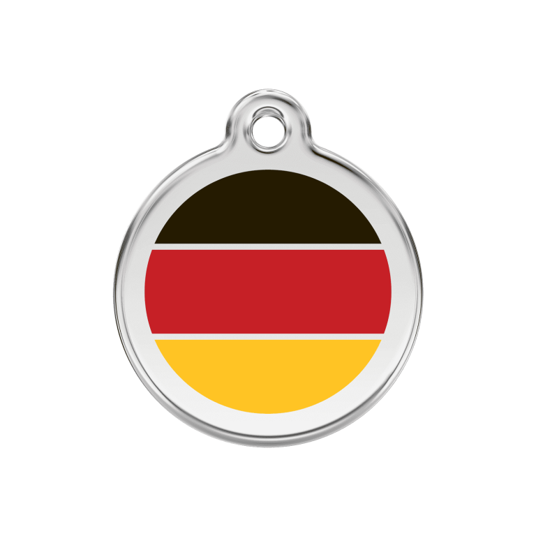 Vue avant - Médaille personnalisée pour chien Red Dingo drapeau allemand - Émail et acier inoxydable - Size M