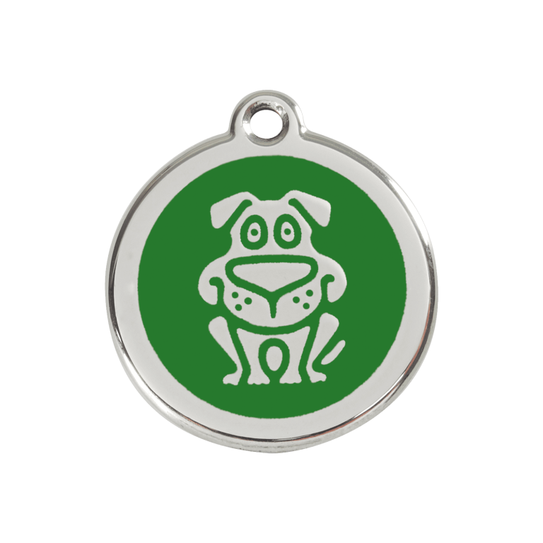 Vue avant - Médaille personnalisée pour chien Red Dingo émail et acier inoxydable vert - Size M
