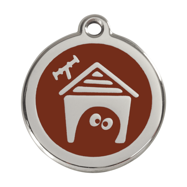 Vue avant - Médaille personnalisée pour chien Red Dingo en émail et acier inoxydable - Motif Niche - Brun - Size L