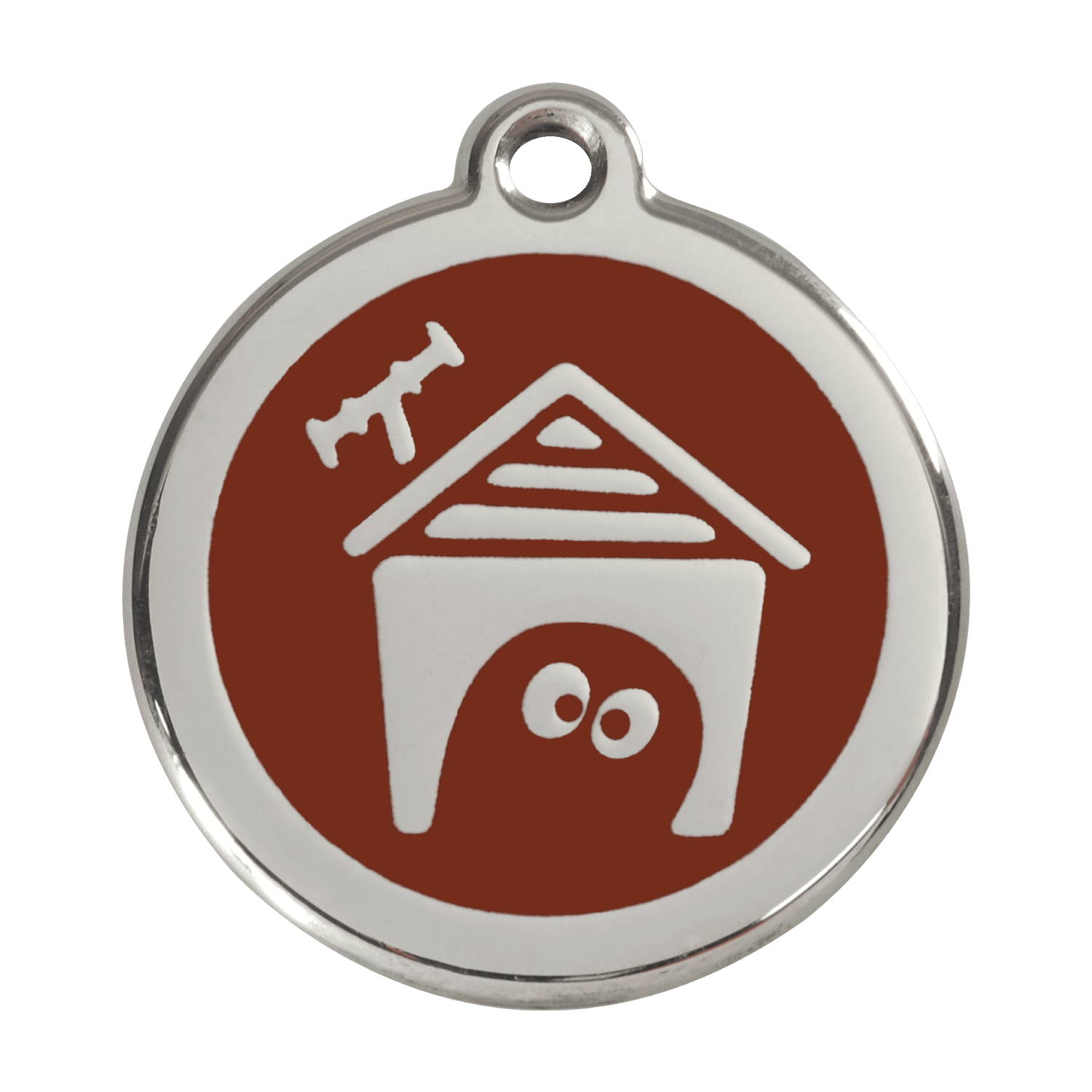 Vue avant - Médaille personnalisée pour chien Red Dingo en émail et acier inoxydable - Motif Niche - Brun - Size L