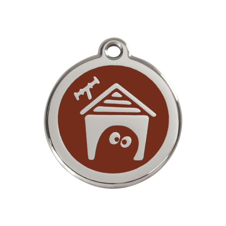 Vue avant - Médaille personnalisée pour chien Red Dingo en émail et acier inoxydable - Motif Niche - Brun - Size M