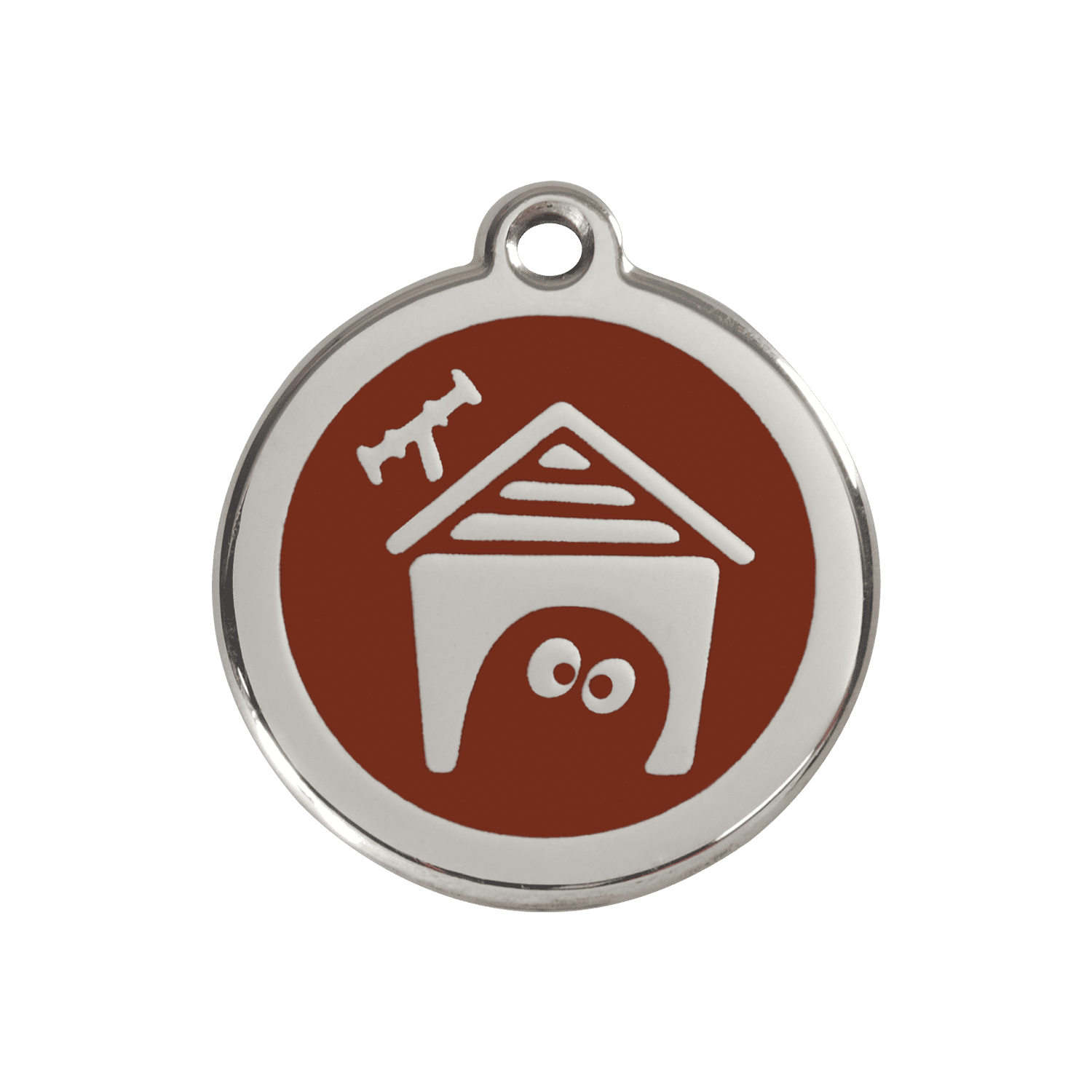Vue avant - Médaille personnalisée pour chien Red Dingo en émail et acier inoxydable - Motif Niche - Brun - Size M