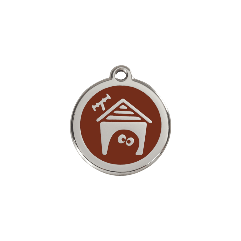 Vue avant - Médaille personnalisée pour chien/chat Red Dingo en émail et acier inoxydable - Motif Niche - Brun - Size S