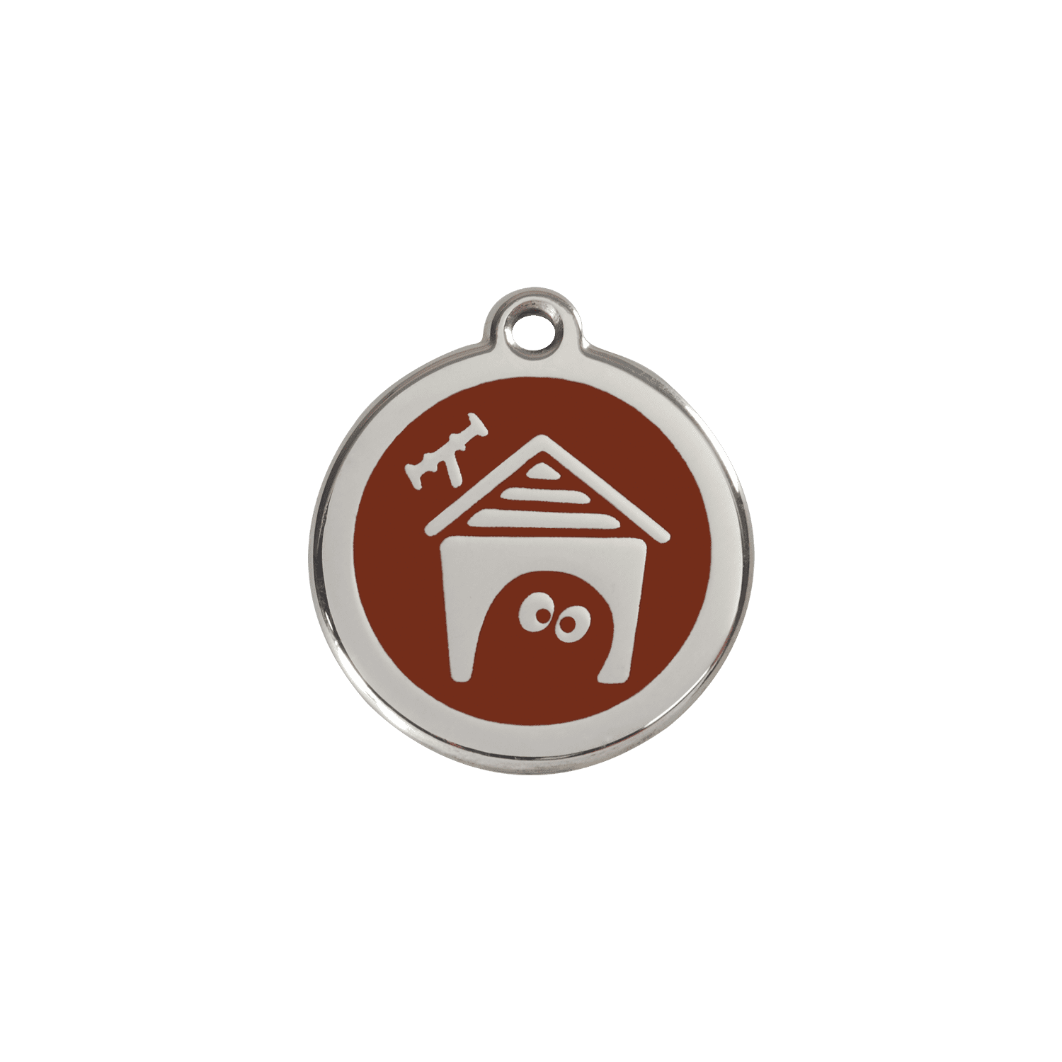 Vue avant - Médaille personnalisée pour chien/chat Red Dingo en émail et acier inoxydable - Motif Niche - Brun - Size S