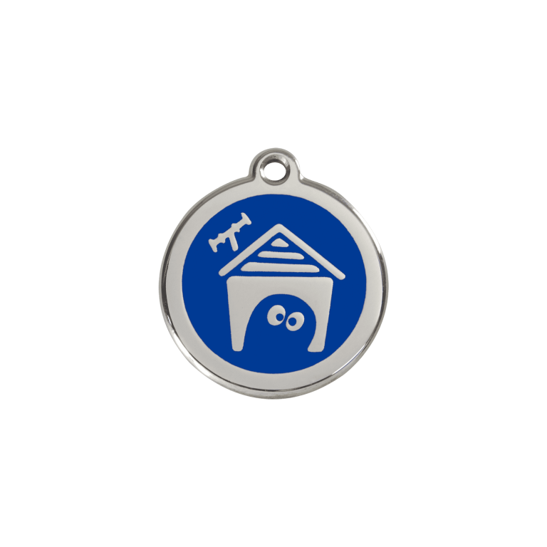 Vue avant - Médaille personnalisée pour chien/chat Red Dingo en émail et acier inoxydable - Motif Niche - Bleu foncé - Size S