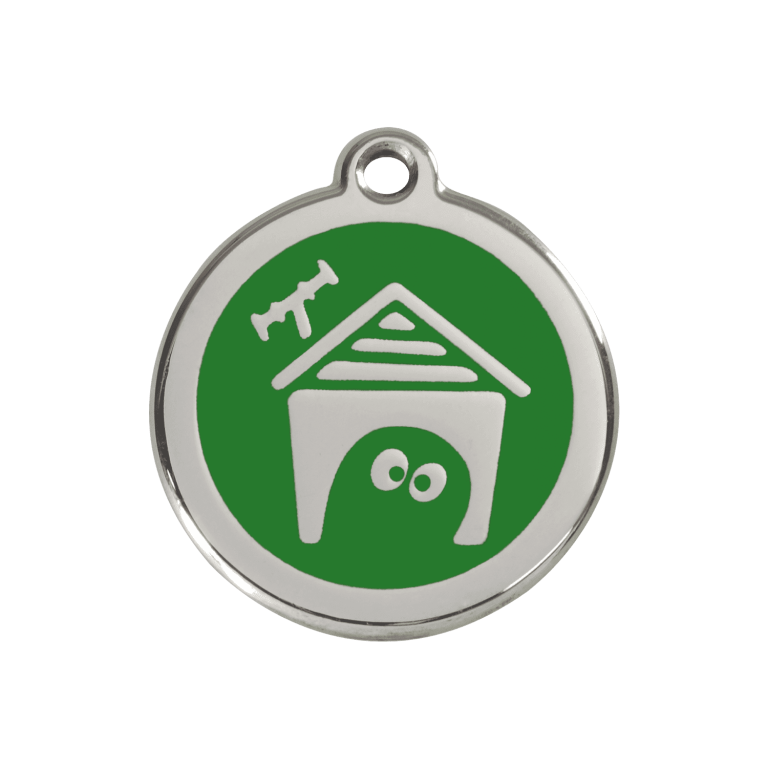 Vue avant - Médaille personnalisée pour chien Red Dingo en émail et acier inoxydable - Motif Niche - Vert - Size M