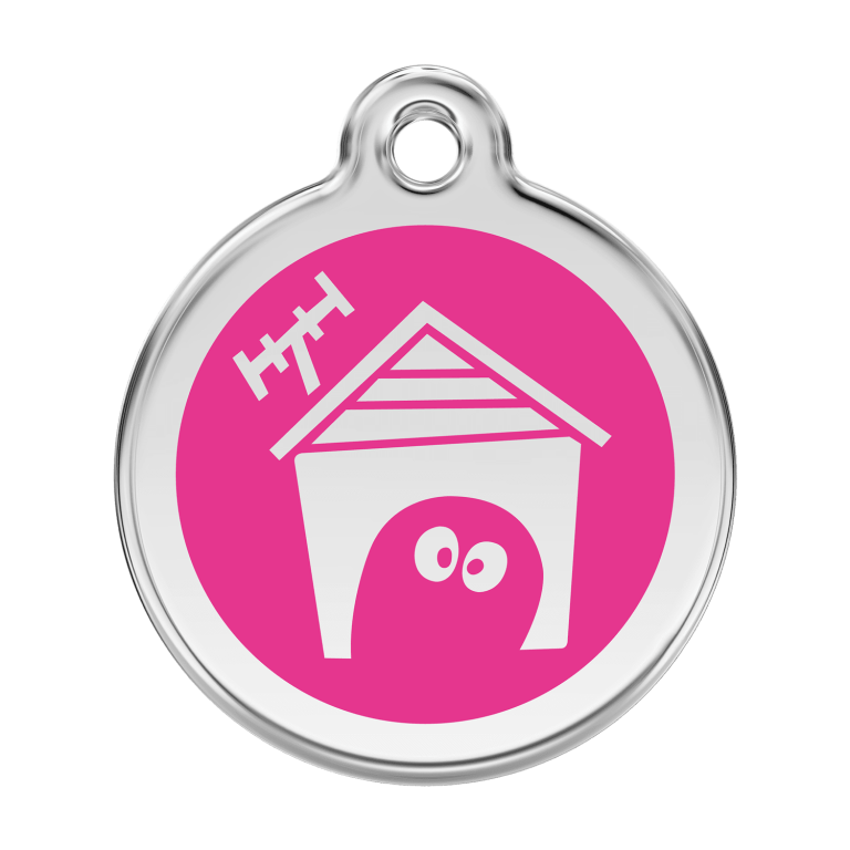Vue avant - Médaille personnalisable pour chien en émail et acier inoxydable - Red Dingo - Motif Niche - Rose vif - Size L