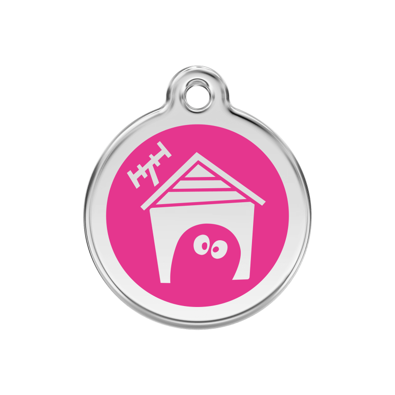 Vue avant - Médaille personnalisée pour chien en émail et acier inoxydable - Red Dingo - Motif Niche - Rose vif - Size M