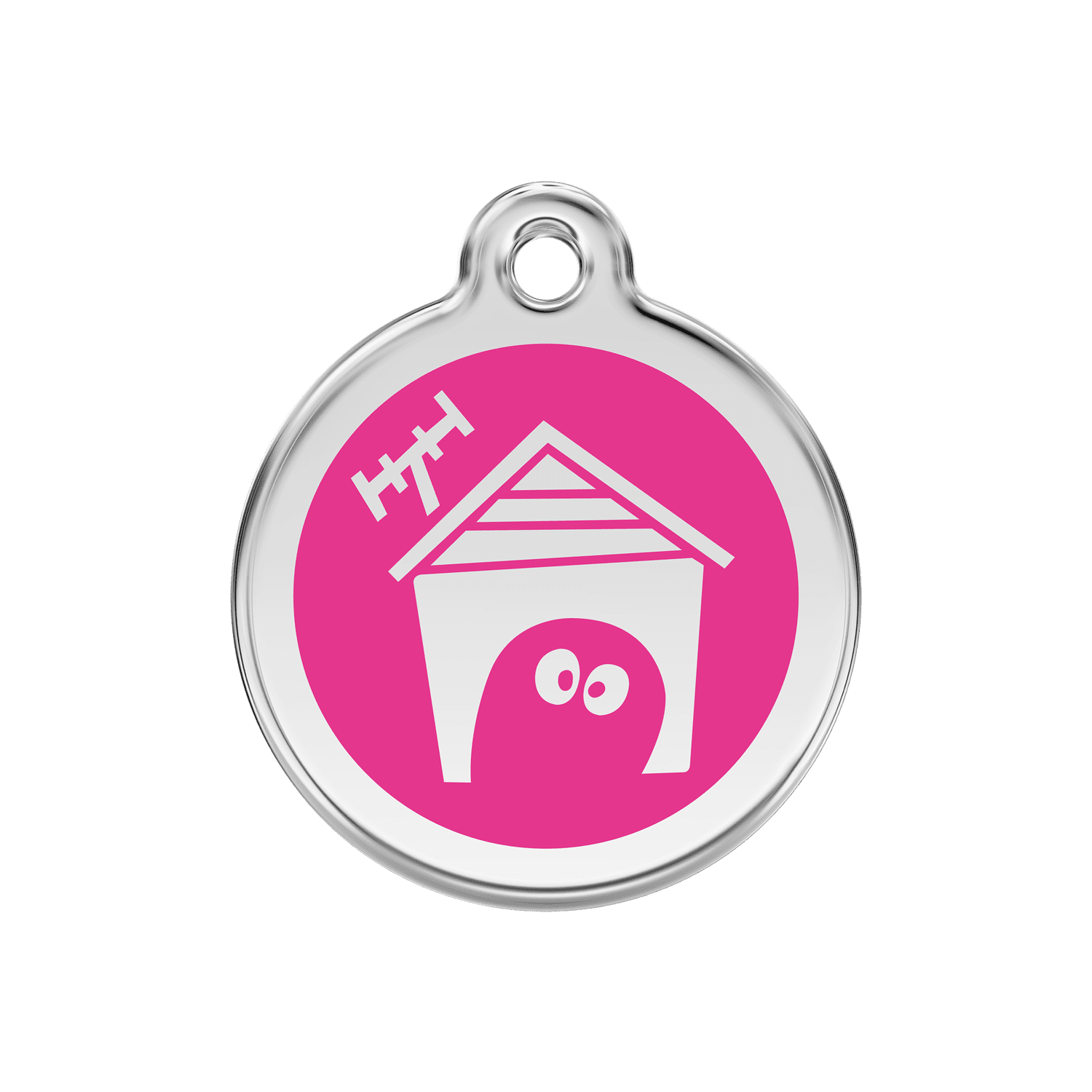 Vue avant - Médaille personnalisée pour chien en émail et acier inoxydable - Red Dingo - Motif Niche - Rose vif - Size M