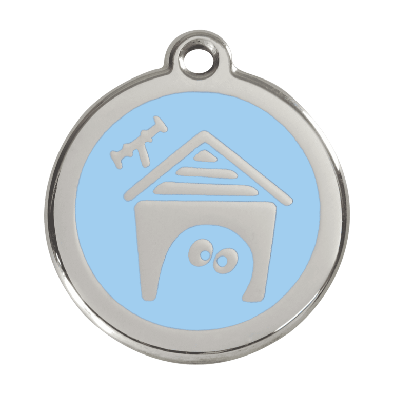 Vue avant - Médaille personnalisée pour chien Red Dingo Émail et acier inoxydable - Motif Niche - Bleu clair - Size L