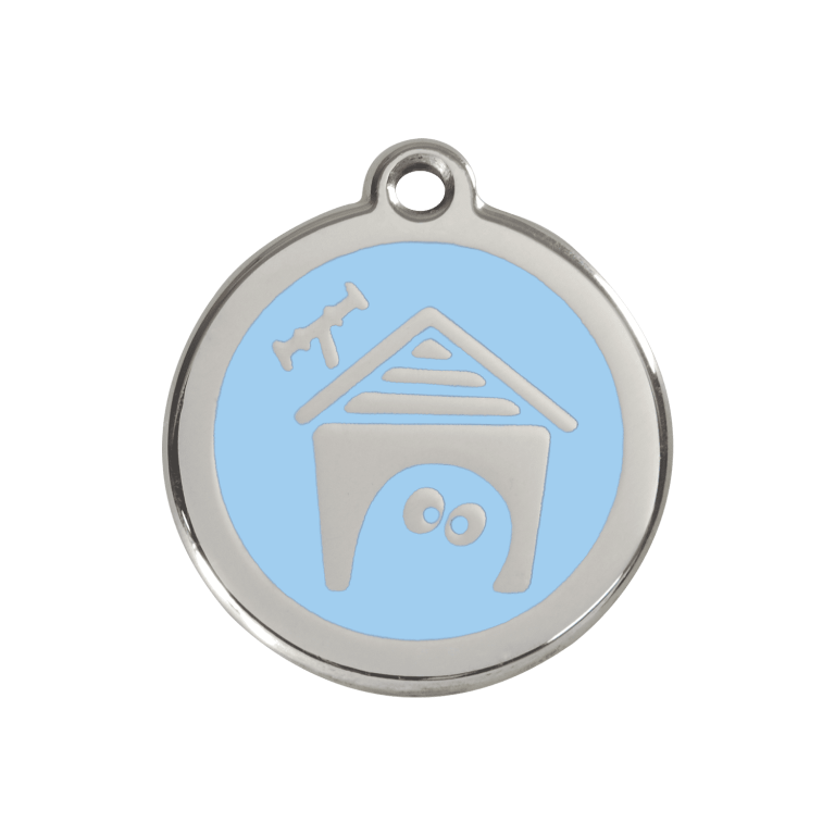 Vue avant - Médaille personnalisée pour chien Red Dingo Émail et acier inoxydable - Motif Niche - Bleu clair - Size M