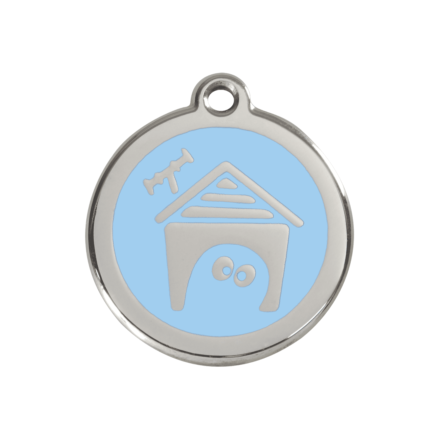 Vue avant - Médaille personnalisée pour chien Red Dingo Émail et acier inoxydable - Motif Niche - Bleu clair - Size M