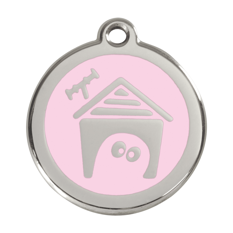 Vue avant - Médaille personnalisée pour chien Red Dingo en émail et acier inoxydable - Motif Niche - Rose - Size L