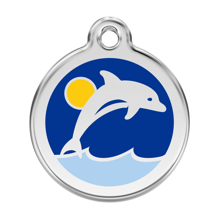 Vue avant - Médaille personnalisée pour chien - Red Dingo Émail et acier inoxydable - Dauphin Bleu foncé - Size L