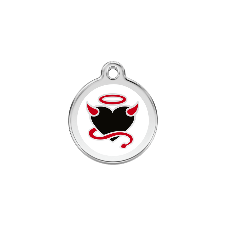 Vue avant - Médaille personnalisée pour chien/chat Red Dingo Émail et acier inoxydable - Motif Diable - Blanc - Size S