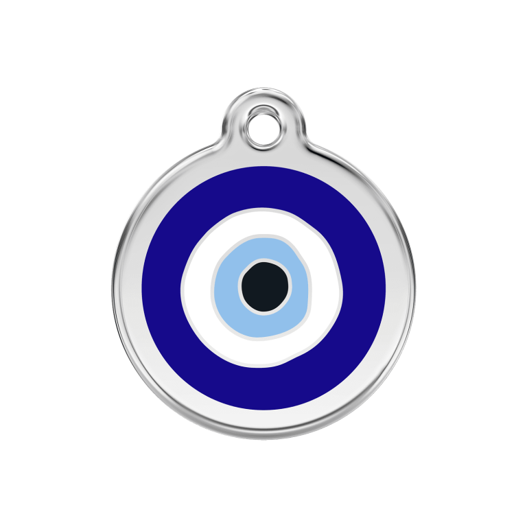 Vue avant - Médaille personnalisée pour chien/chat Red Dingo Émail/Acier inoxydable - Motif Mauvais ?il - Bleu foncé - Size M