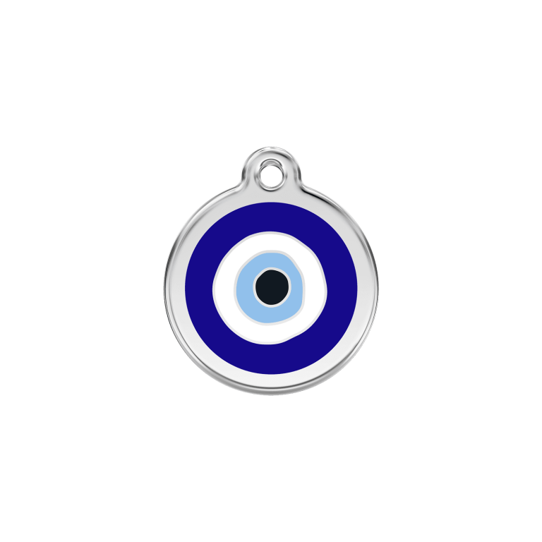 Vue avant - Médaille personnalisée pour chien/chat Red Dingo Émail/Acier inoxydable - Motif Mauvais œil - Bleu foncé - Size S