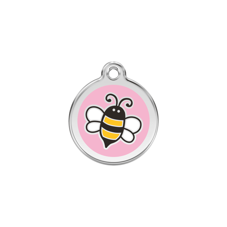 Vue avant - Médaille personnalisée en émail et acier inoxydable pour chat - Red Dingo - Bourdon rose - Size S