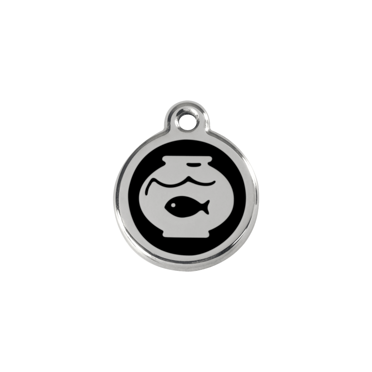 Vue avant - Médaille personnalisée en émail et acier inoxydable Red Dingo - Motif bocal à poissons - Noir - Size S