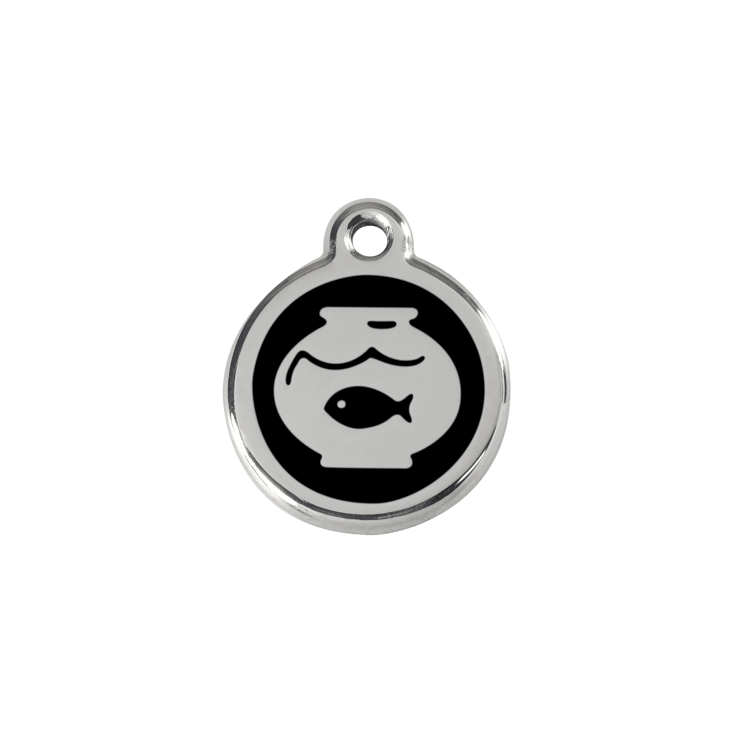 Vue avant - Médaille personnalisée en émail et acier inoxydable Red Dingo - Motif bocal à poissons - Noir - Size S