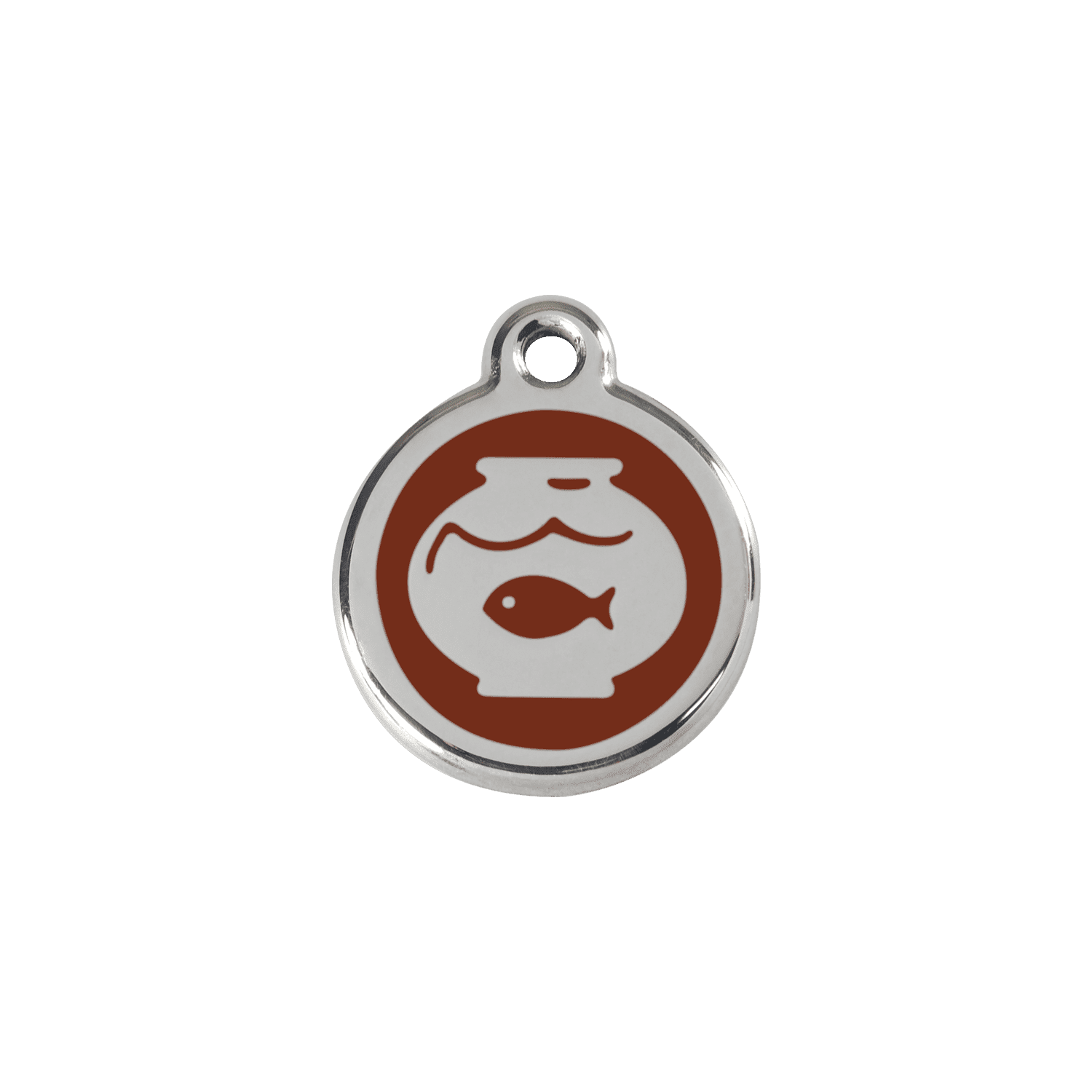 Vue avant - Médaille personnalisée pour chat en émail et acier inoxydable Red Dingo - Motif bocal à poissons - Brun - Size S