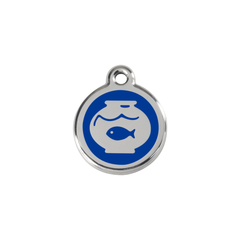 Vue avant - Médaille personnalisée pour chien/chat Red Dingo Émail/Acier inoxydable - Motif Bocal Poissons Bleu foncé - Size S