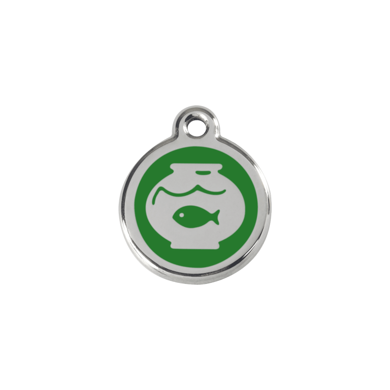 Vue avant - Médaille personnalisée pour chien/chat Red Dingo Émail et acier inoxydable - Motif bocal poissons - Vert - Size S