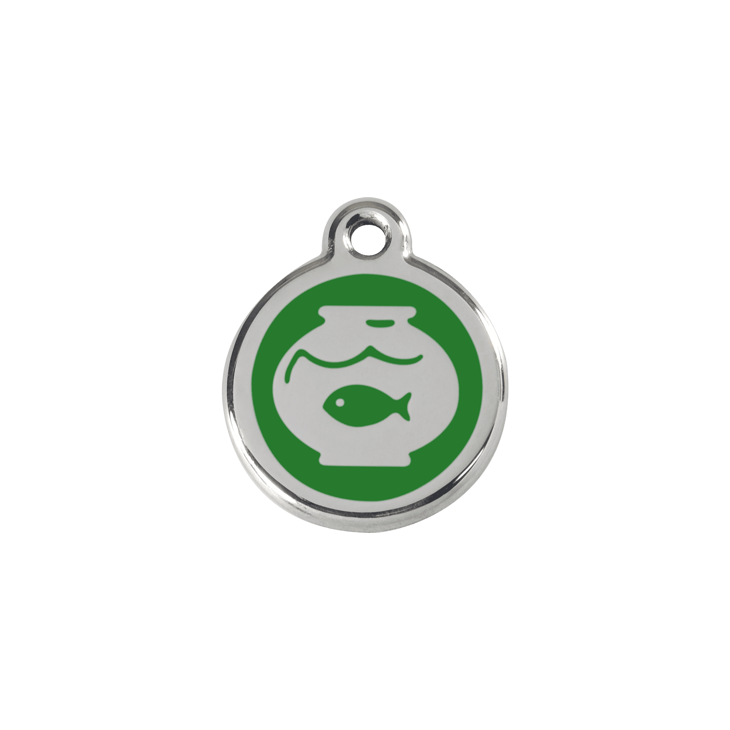Vue avant - Médaille personnalisée pour chien/chat Red Dingo Émail et acier inoxydable - Motif bocal poissons - Vert - Size S