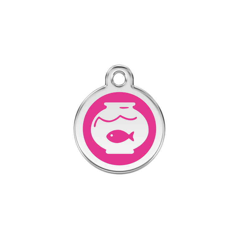 Vue avant - Médaille personnalisée pour chien/chat Red Dingo Émail/Acier inoxydable - Motif bocal poissons - Rose vif - Size S