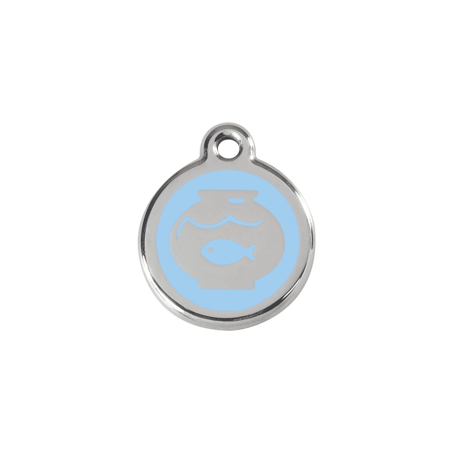 Vue avant - Médaille personnalisable pour chat ou chien Red Dingo Émail et acier inoxydable - Motif bocal à poissons - Bleu clair - Size S