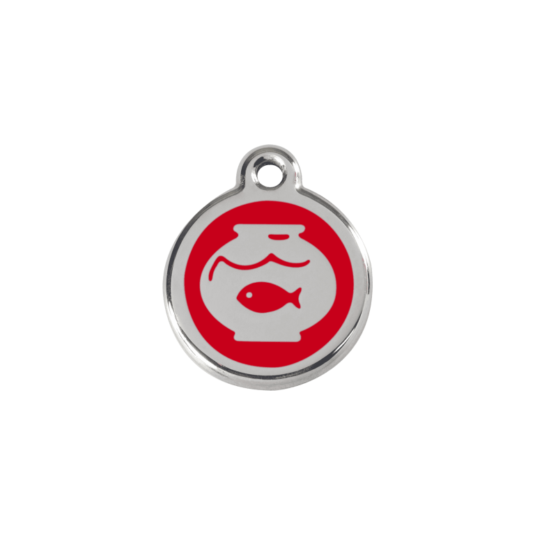 Vue avant - Médaille personnalisée pour chien/chat Red Dingo Émail et acier inoxydable - Motif bocal poissons - Rouge - Size S