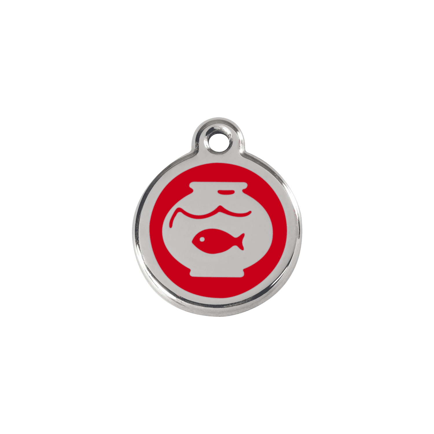 Vue avant - Médaille personnalisée pour chien/chat Red Dingo Émail et acier inoxydable - Motif bocal poissons - Rouge - Size S