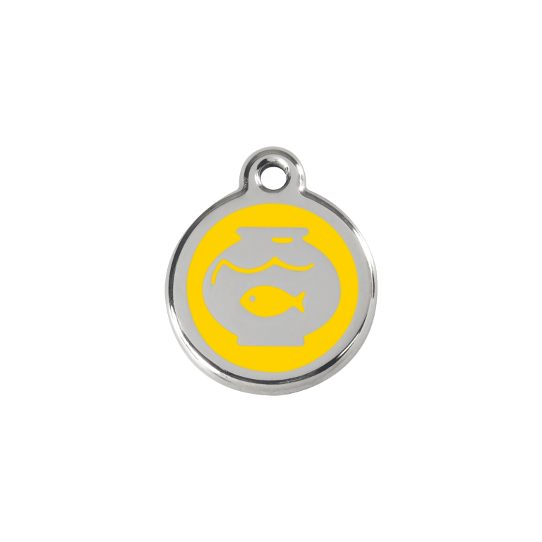 Vue avant - Médaille personnalisée pour chien/chat Red Dingo Émail/Acier Jaune - Motif Bocal Poissons - Size S
