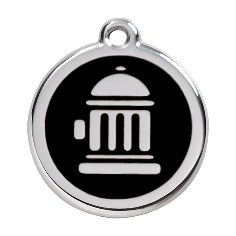 Vue avant - Médaille personnalisée pour chien Red Dingo Émail et acier inoxydable - Bouche d'incendie noir - Size L