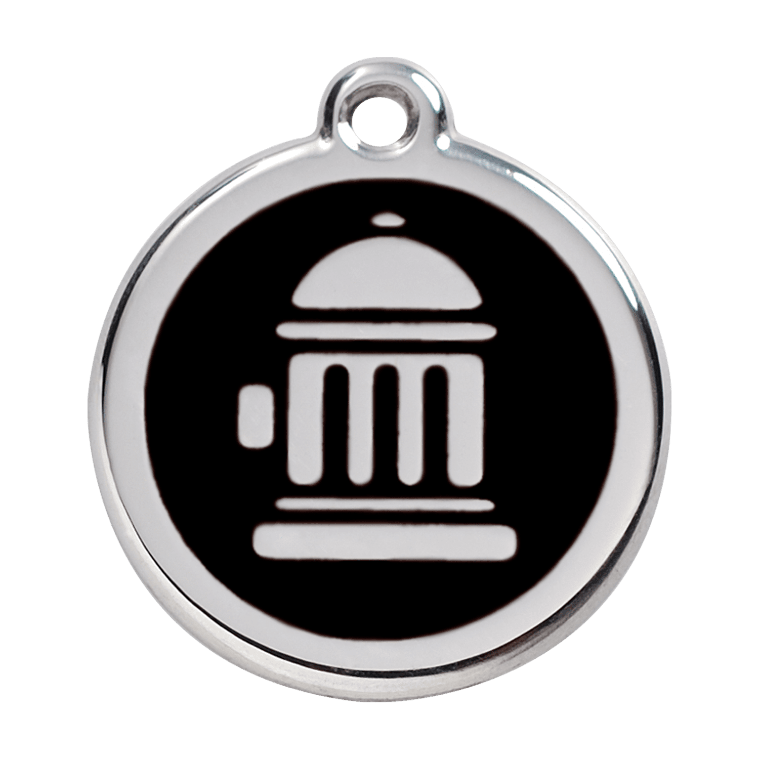 Vue avant - Médaille personnalisée pour chien Red Dingo Émail et acier inoxydable - Bouche d'incendie noir - Size L