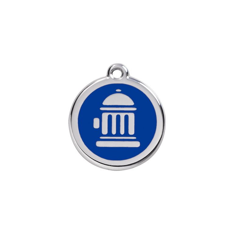 Vue avant - Médaille personnalisée pour chien/chat Red Dingo - Bouche d'incendie bleu foncé - Size S - Gravure incluse