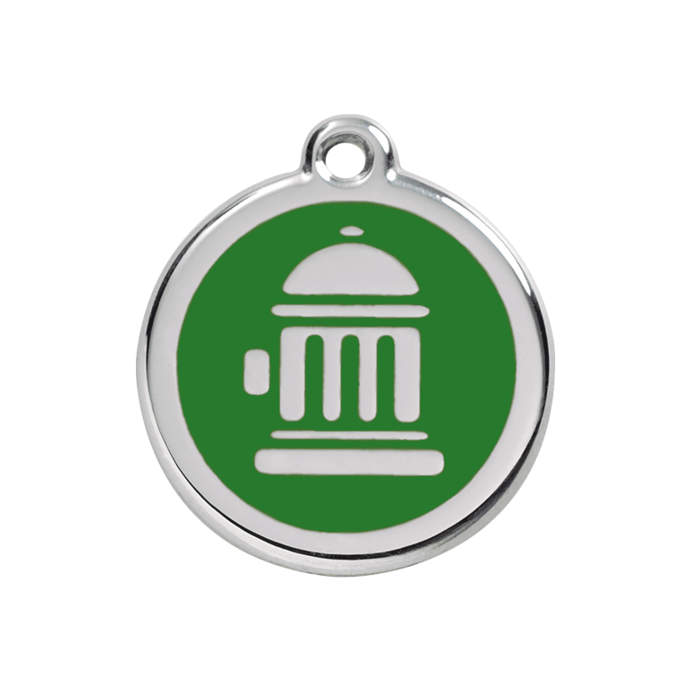 Vue avant - Médaille personnalisée pour chien Red Dingo Émail et acier inoxydable - Motif bouche d'incendie - Vert - Size M