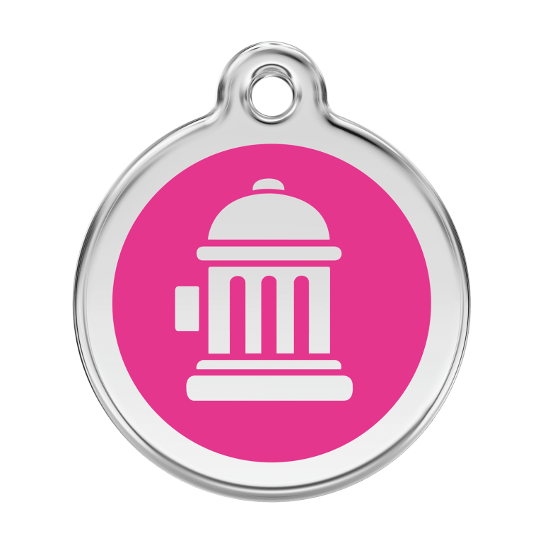 Vue avant - Médaille personnalisée pour chien Red Dingo Émail et acier inoxydable Bouche d'incendie Rose vif - Size L
