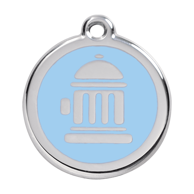 Vue avant - Médaille personnalisée pour chien Red Dingo Émail et acier inoxydable Bouche d'incendie Bleu clair - Size L