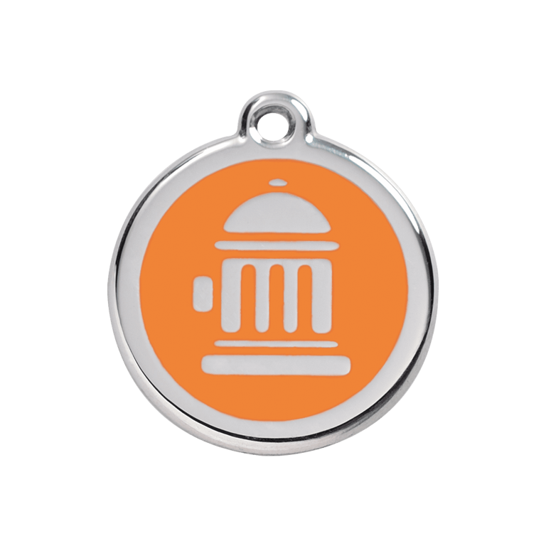 Vue avant - Médaille personnalisée pour chien Red Dingo Émail et acier inoxydable motif bouche d'incendie orange - Size M - 01-FH-OR-ME