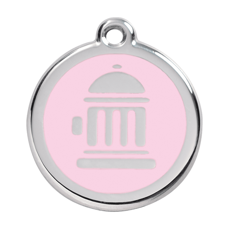 Vue avant - Médaille personnalisée pour chien Red Dingo Émail et acier inoxydable - Bouche d'incendie rose - Size L