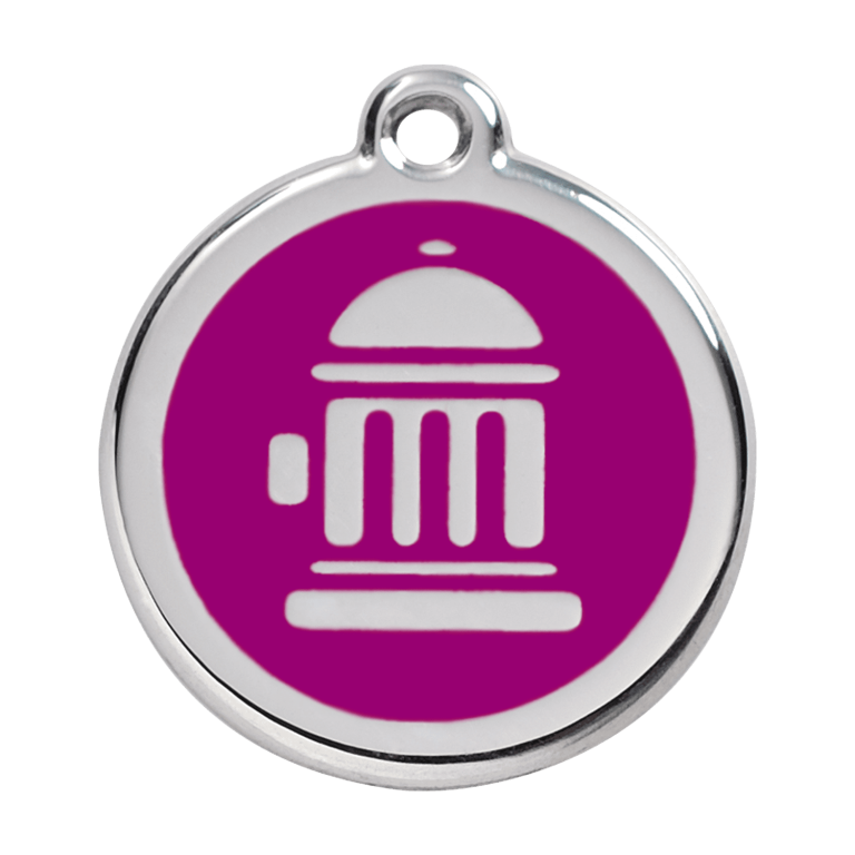 Vue avant - Médaille personnalisée pour chien Red Dingo Émail et acier inoxydable Bouche d'incendie Violet - Size L