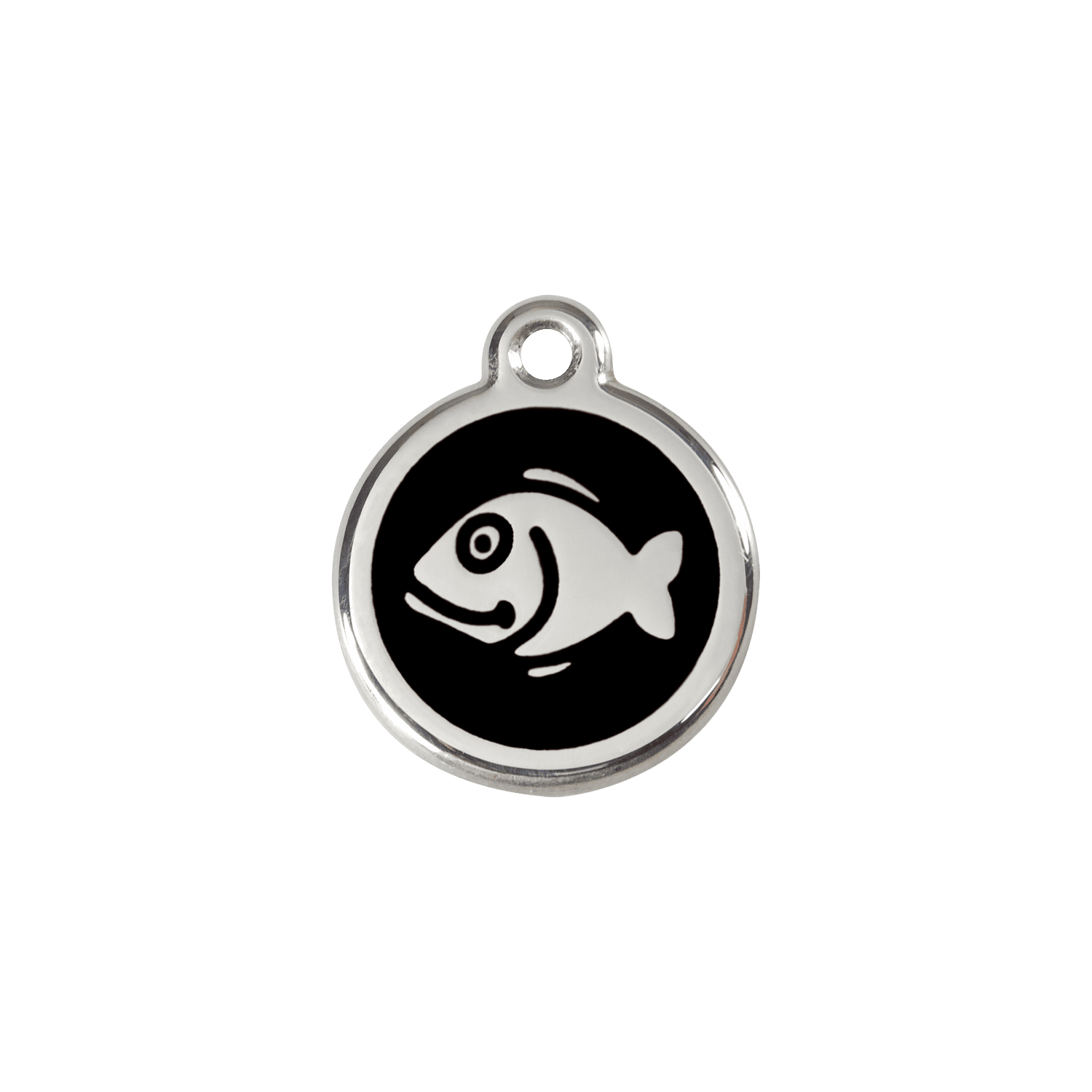 Vue avant - Médaille personnalisée pour chien/chat Red Dingo Émail et acier inoxydable - Motif poisson - Noir - Size S