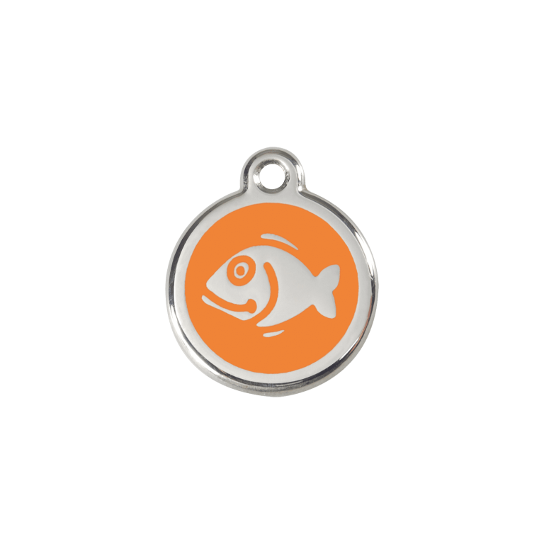 Vue avant - Médaille personnalisée chat Red Dingo Émail et acier inoxydable motif poisson orange - Size S