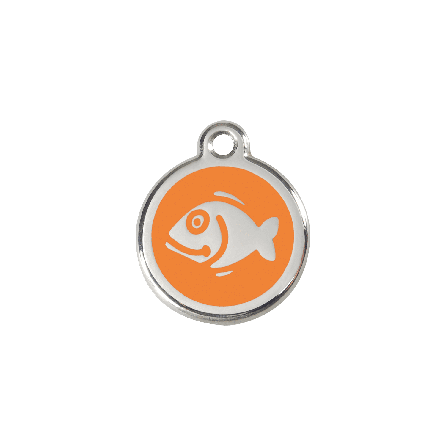 Vue avant - Médaille personnalisée chat Red Dingo Émail et acier inoxydable motif poisson orange - Size S