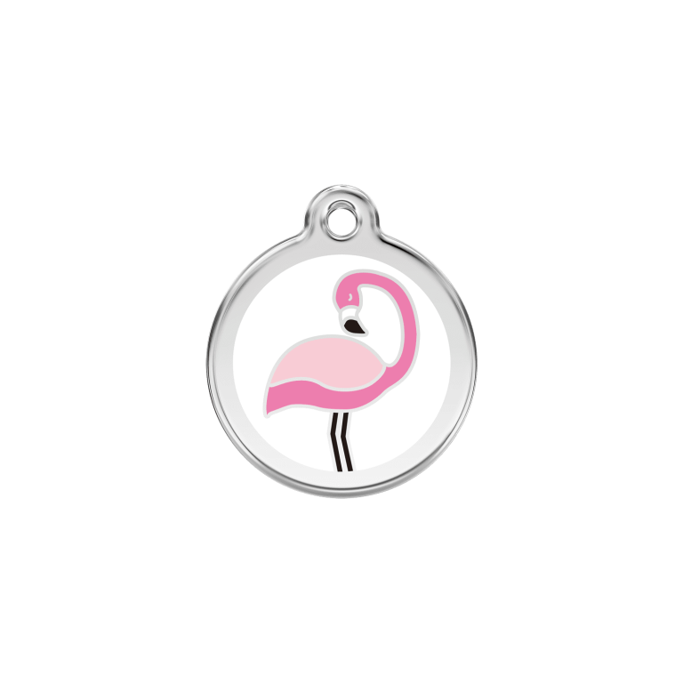 Vue avant - Médaille personnalisée pour chat ou chien - Red Dingo Émail et acier inoxydable - Motif Flamant Blanc - Size S
