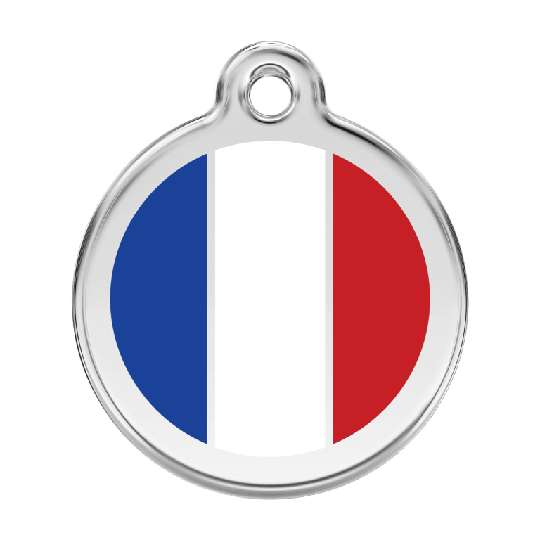 Vue avant - Médaille personnalisée pour chien Red Dingo Émail et acier inoxydable Drapeau français Blanc - Size L