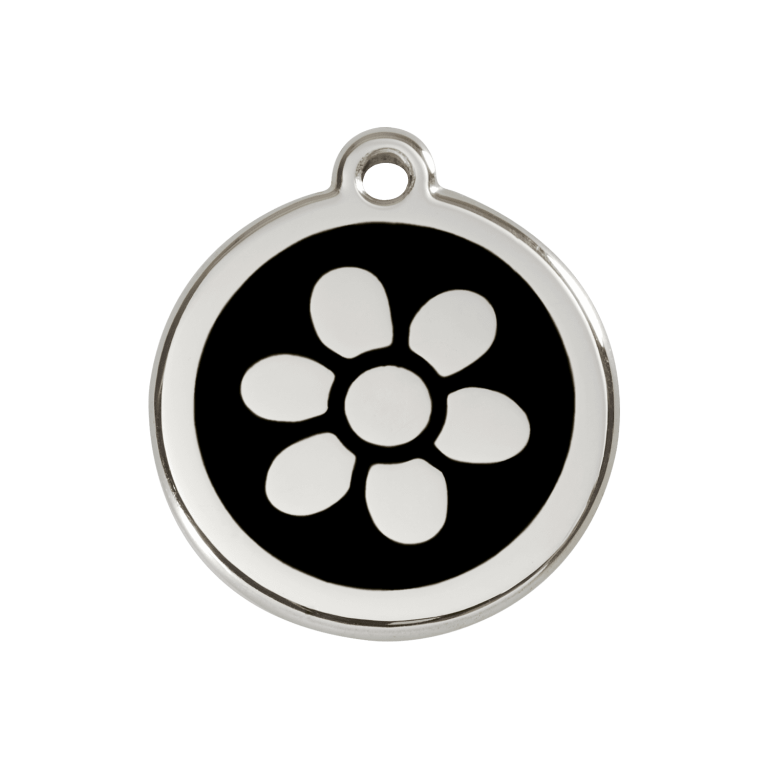 Vue avant - Médaille personnalisée pour chien Red Dingo Émail et acier inoxydable - Motif Fleur - Noir - Size M