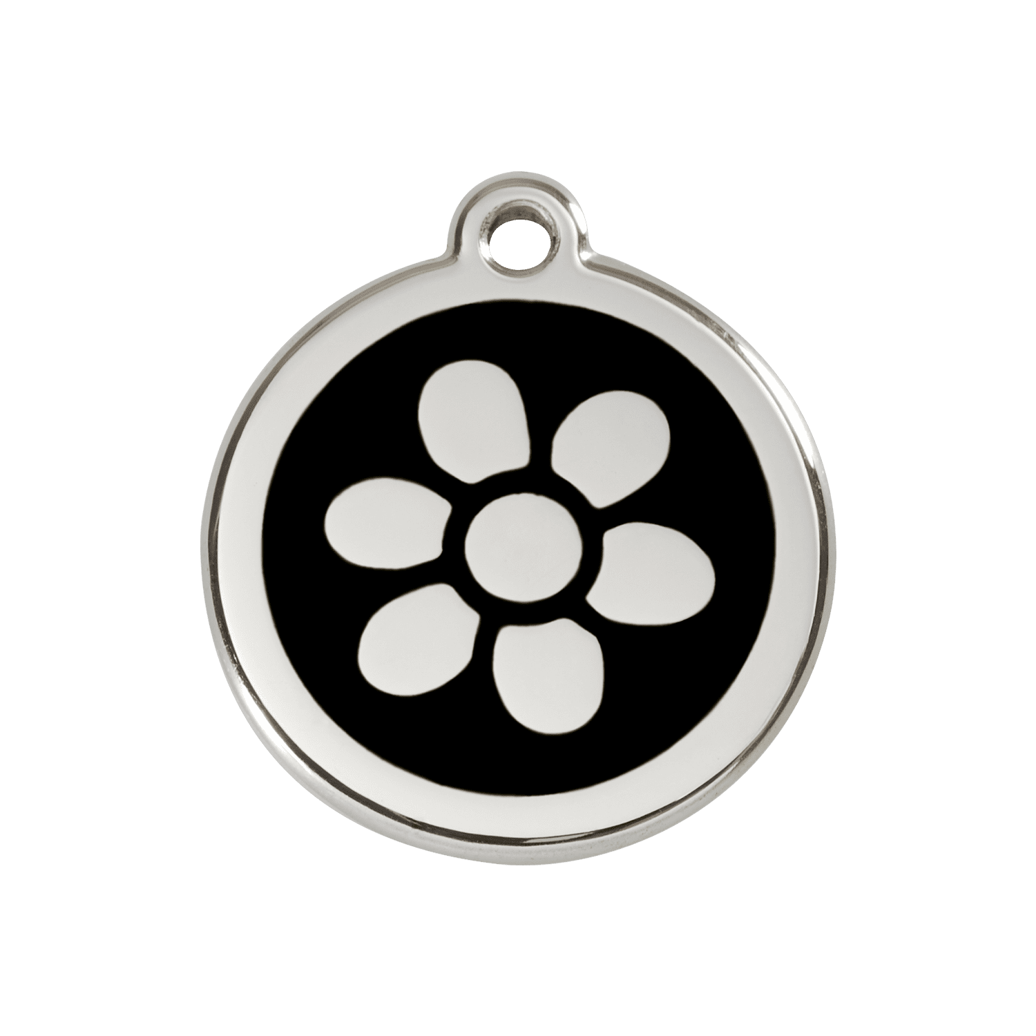 Vue avant - Médaille personnalisée pour chien Red Dingo Émail et acier inoxydable - Motif Fleur - Noir - Size M